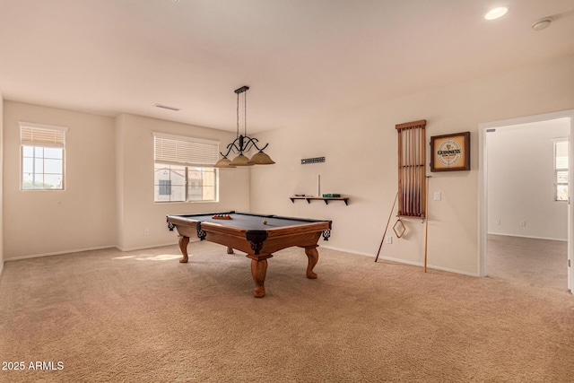 game room featuring pool table and light carpet