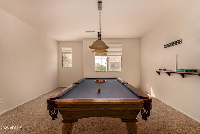 game room with billiards and carpet flooring