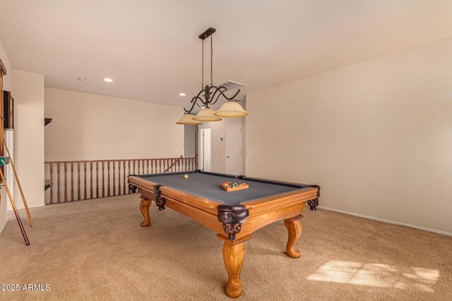 game room with light carpet and pool table