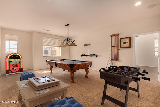 game room featuring billiards and light carpet