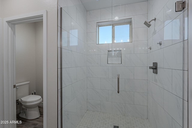 bathroom featuring toilet, hardwood / wood-style floors, and walk in shower