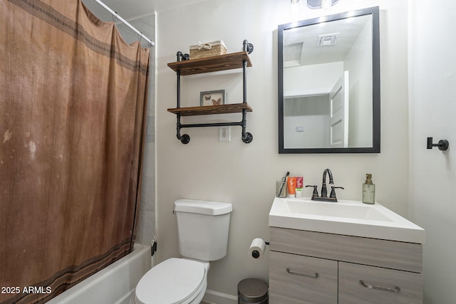 full bathroom featuring vanity, shower / bathtub combination with curtain, and toilet