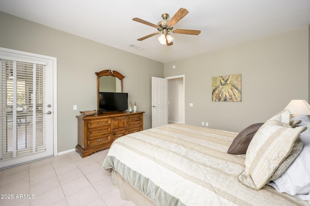 bedroom with light tile patterned floors, a ceiling fan, baseboards, visible vents, and access to exterior