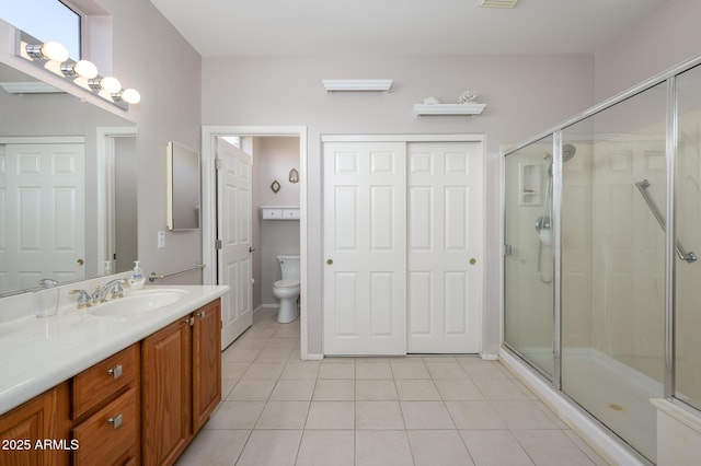 full bath featuring a stall shower, vanity, toilet, and tile patterned floors