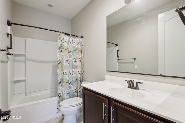 full bathroom with toilet, vanity, and shower / bath combination with curtain