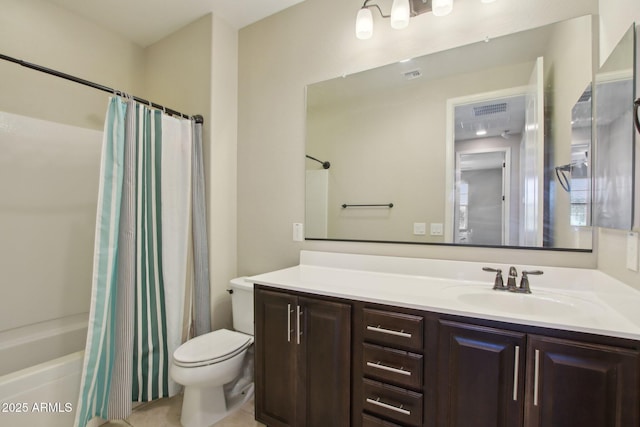 full bathroom with toilet, shower / bath combination with curtain, and vanity