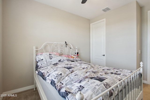 bedroom featuring carpet floors and ceiling fan