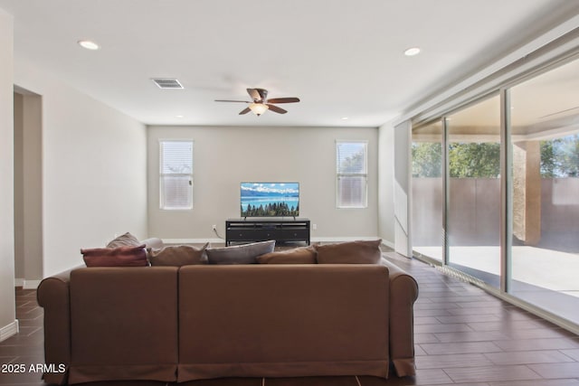 living room with ceiling fan