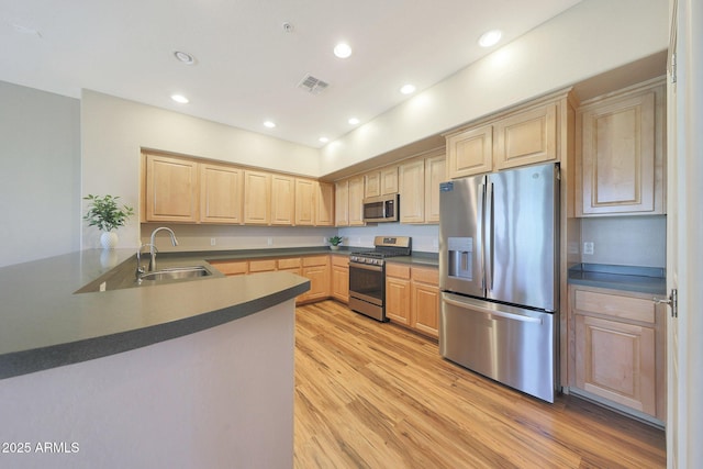 20750 N 87th St Unit 2062, Scottsdale, AZ 85255 - kitchen with stainless steel appliances, a sink, light brown cabinetry, light wood-style flooring, and dark countertops
