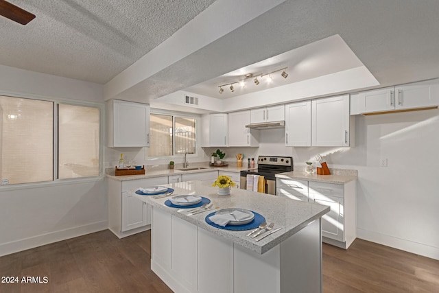 kitchen with white cabinetry, a textured ceiling, dark hardwood / wood-style floors, electric range, and sink