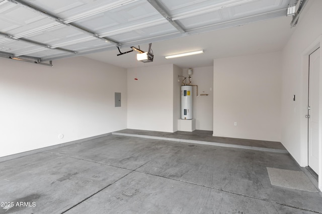 garage featuring a garage door opener, electric panel, and water heater