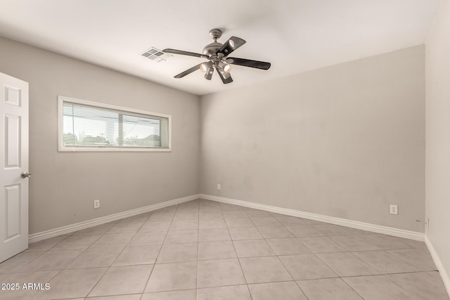 empty room with a ceiling fan, visible vents, and baseboards