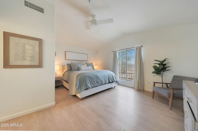 bedroom with lofted ceiling, access to exterior, ceiling fan, and light wood-type flooring