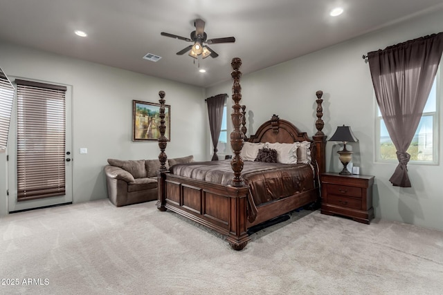 carpeted bedroom featuring ceiling fan