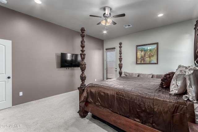 carpeted bedroom featuring ceiling fan