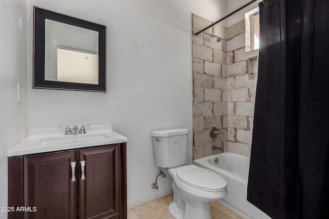 full bathroom with tile patterned flooring, shower / bath combination with curtain, toilet, and vanity