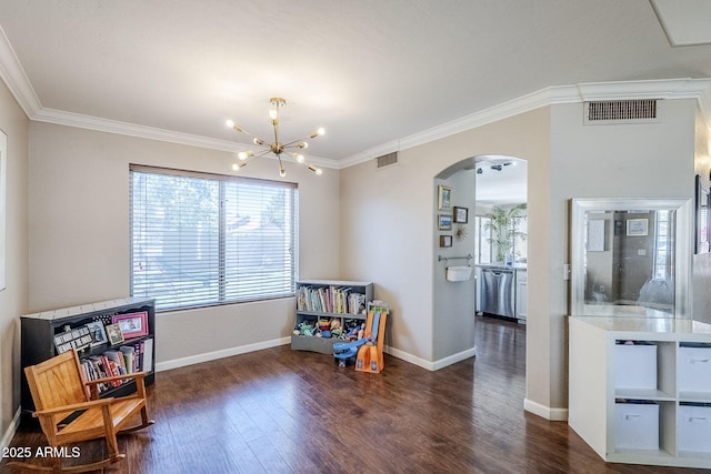 869 W Shellfish Dr, Gilbert, AZ 85233 - playroom featuring arched walkways, wood finished floors, ornamental molding, a chandelier, and baseboards