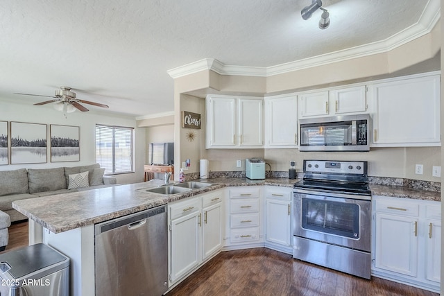 869 W Shellfish Dr, Gilbert, AZ 85233 - kitchen with appliances with stainless steel finishes, a sink, a peninsula, white cabinets, and a textured ceiling