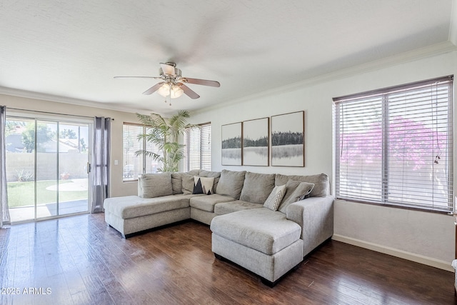 869 W Shellfish Dr, Gilbert, AZ 85233 - living area with ceiling fan, dark wood-type flooring, ornamental molding, and baseboards