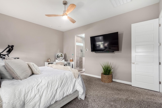 carpeted bedroom featuring connected bathroom and ceiling fan