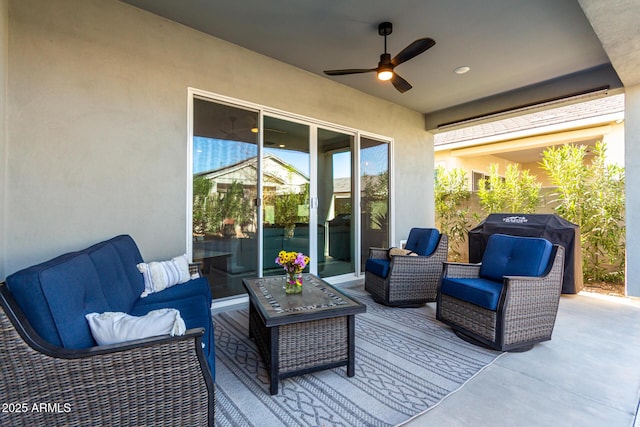 view of patio with ceiling fan and outdoor lounge area