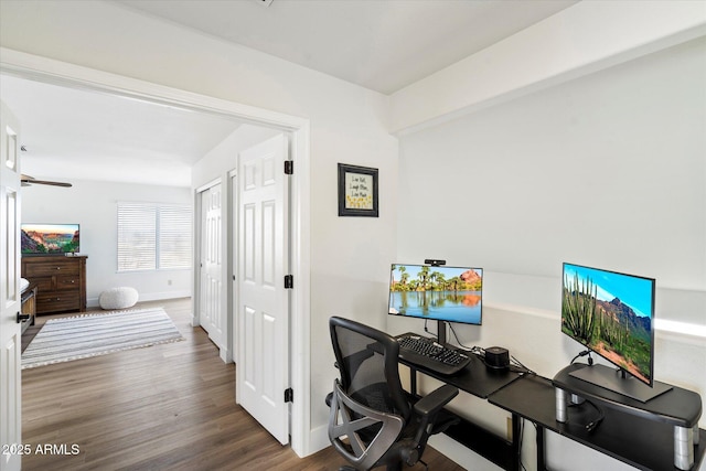 home office featuring dark hardwood / wood-style flooring