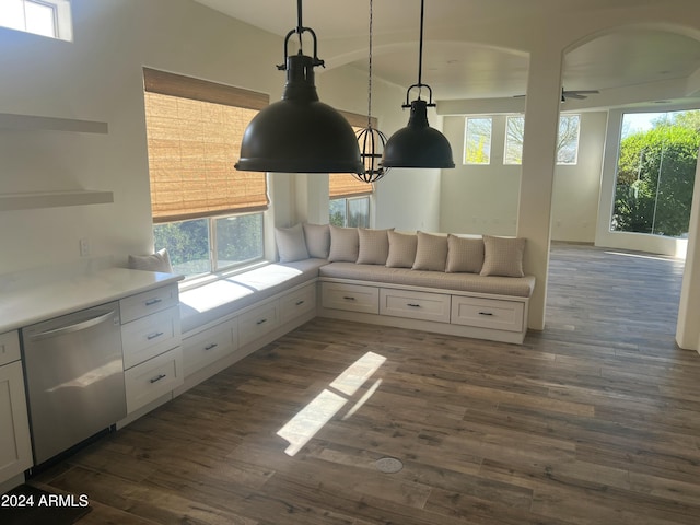 kitchen with stainless steel dishwasher, decorative light fixtures, dark hardwood / wood-style flooring, and white cabinetry