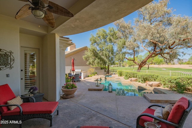 9905 N 78th Pl, Scottsdale, AZ 85258 - view of patio with golf course view, a fenced in pool, a fenced backyard, and ceiling fan