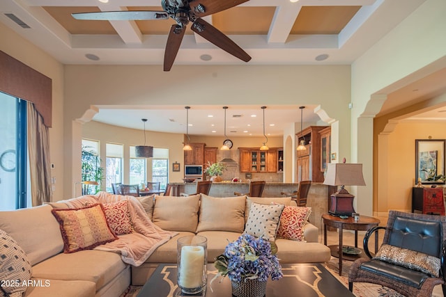9905 N 78th Pl, Scottsdale, AZ 85258 - living room featuring ceiling fan, beamed ceiling, visible vents, recessed lighting, and coffered ceiling