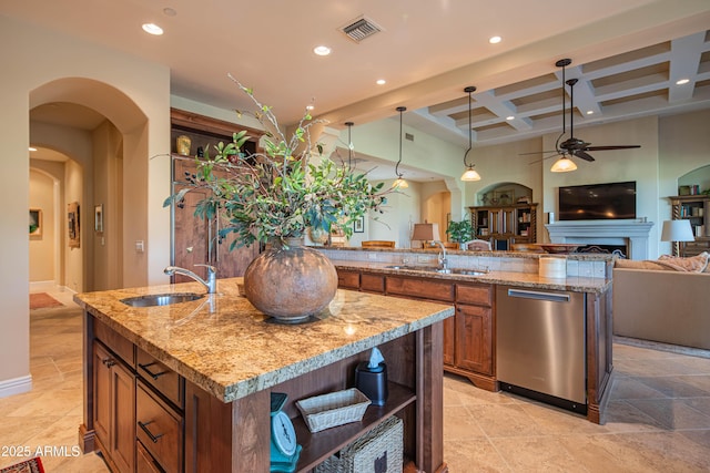 9905 N 78th Pl, Scottsdale, AZ 85258 - kitchen featuring a sink, visible vents, stainless steel dishwasher, and open shelves