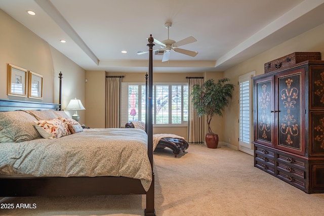9905 N 78th Pl, Scottsdale, AZ 85258 - carpeted bedroom featuring recessed lighting, ceiling fan, baseboards, and a raised ceiling