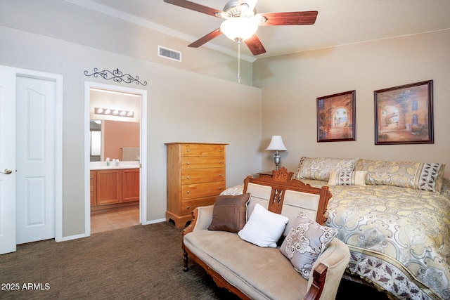 1623 E Krystal St, Casa Grande, AZ 85122 - bedroom with carpet flooring, ensuite bath, a ceiling fan, lofted ceiling, and visible vents