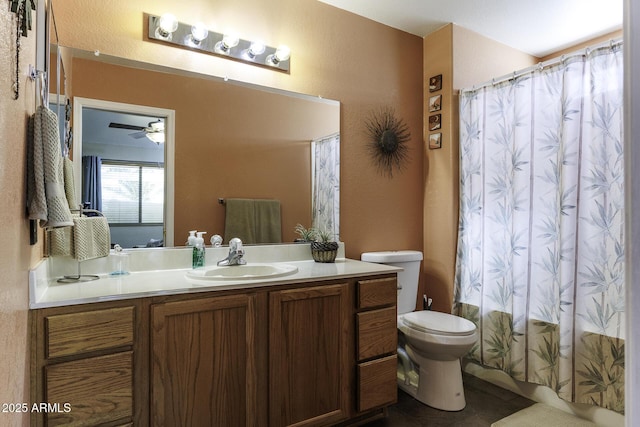 1623 E Krystal St, Casa Grande, AZ 85122 - bathroom featuring vanity, tile patterned flooring, a textured wall, toilet, and ceiling fan