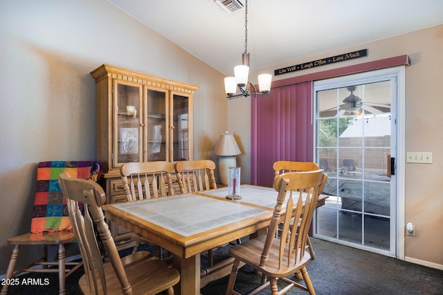 1623 E Krystal St, Casa Grande, AZ 85122 - dining area featuring visible vents, a notable chandelier, baseboards, dark colored carpet, and lofted ceiling