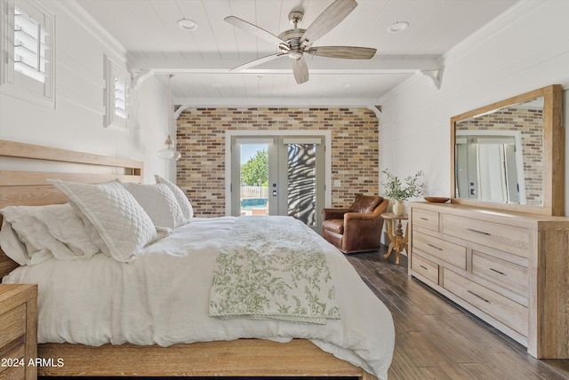 bedroom with ceiling fan, dark hardwood / wood-style flooring, access to outside, beamed ceiling, and french doors