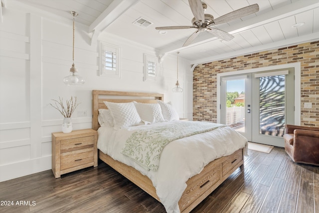 bedroom with beam ceiling, ceiling fan, dark hardwood / wood-style flooring, access to exterior, and french doors