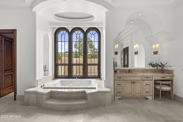 6852 E Fanfol Dr, Paradise Valley, AZ 85253 - full bathroom featuring a garden tub, vanity, and marble finish floor