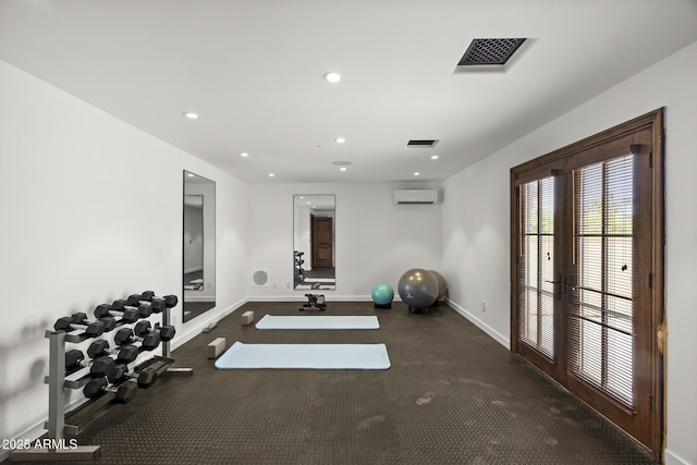 6852 E Fanfol Dr, Paradise Valley, AZ 85253 - workout room featuring french doors, baseboards, visible vents, recessed lighting, and a wall mounted AC