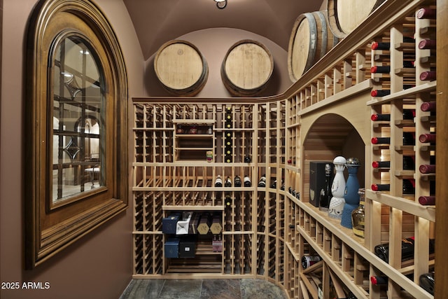 6852 E Fanfol Dr, Paradise Valley, AZ 85253 - wine cellar featuring lofted ceiling and stone finish floor
