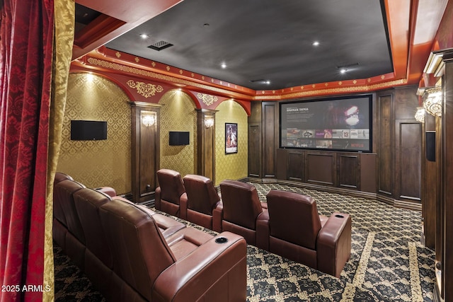 6852 E Fanfol Dr, Paradise Valley, AZ 85253 - carpeted cinema with wallpapered walls, decorative columns, visible vents, and a raised ceiling