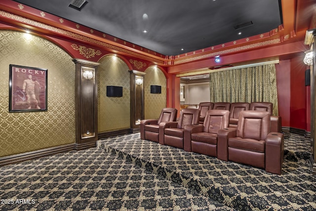 6852 E Fanfol Dr, Paradise Valley, AZ 85253 - home theater room featuring decorative columns, visible vents, and carpet