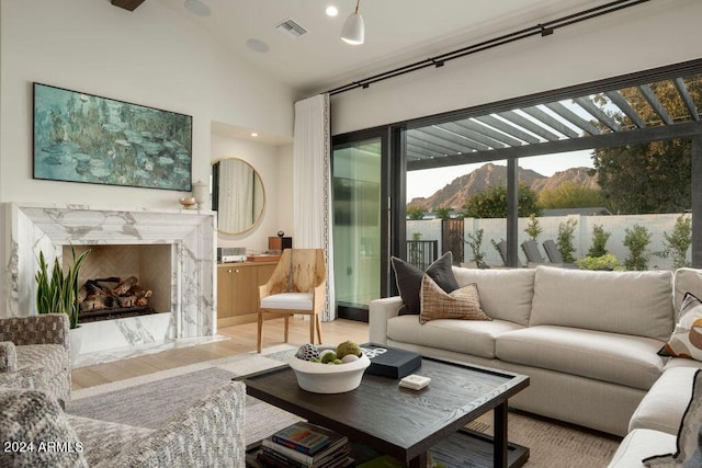 interior space featuring a fireplace, a mountain view, vaulted ceiling, and light wood-type flooring