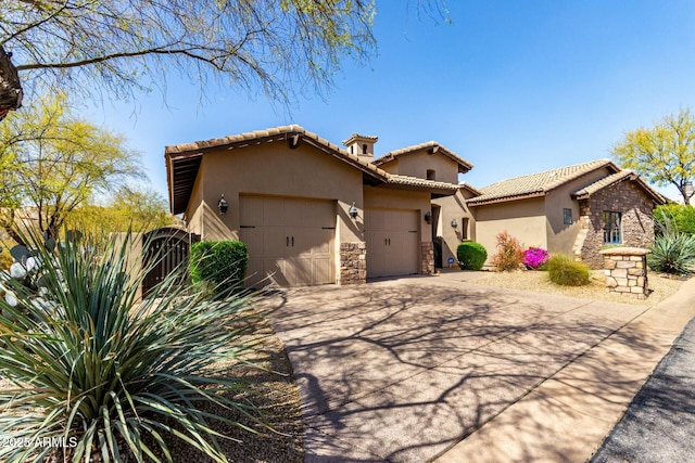 view of front of home with stucco siding, concrete driveway, an attached garage, stone siding, and a tiled roof