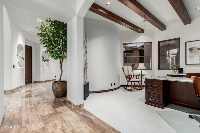 office area with recessed lighting, beam ceiling, and baseboards