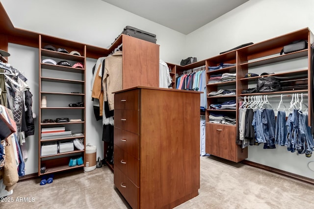 spacious closet featuring light colored carpet