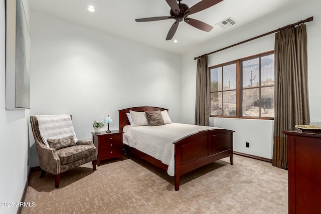 bedroom with visible vents, baseboards, a ceiling fan, carpet, and recessed lighting