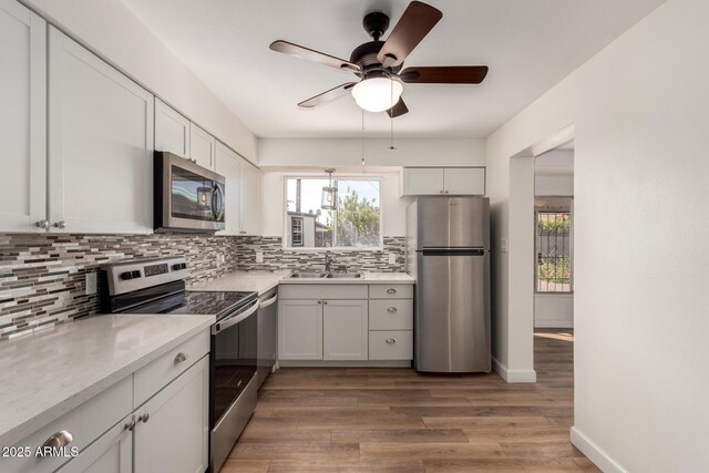 5627 E Covina Rd, Mesa, AZ 85205 - kitchen with appliances with stainless steel finishes, a sink, decorative backsplash, light wood-type flooring, and light countertops