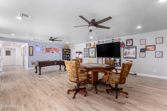 dining space featuring ceiling fan, billiards, and light wood-type flooring