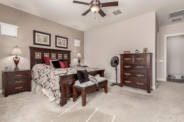 bedroom featuring ceiling fan, baseboards, visible vents, and light colored carpet