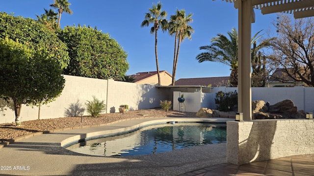 view of swimming pool featuring a fenced backyard and a fenced in pool